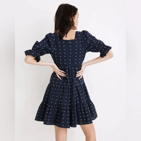 Madewell Square-Neck Puff-Sleeve Babydoll Dress Navy White 4 - Picture 2 of 12